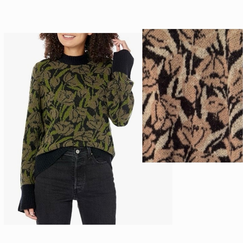 Joie Flower Women’s Black & Tan Wool Crewneck Sweater Size Small